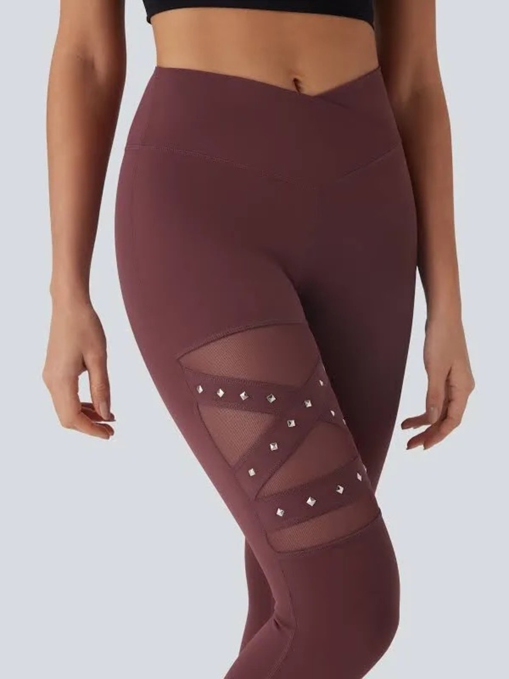 Halara High Waisted Crossover Mesh Studded Yoga Leggings 7/8 Length Burgundy NWT - Picture 5 of 6